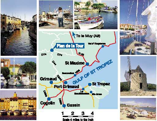 Images of St Tropez, Port Grimaud, Grimaud windmill. Boats moored.in Port Grimaud and on the quay at St Tropez. Location map showing Plan de la Tour, St Maxime and St Tropez.