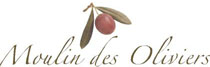 Moulin des Olivier logo. An olive green script typface and an illustraton of an olive. leaf and branch