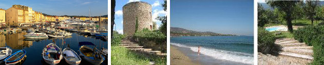 Images of St Tropez, the Moulin des Olivier Tower, beach at Ste Maxime and Moulin swimming pool viewed from Tower steps.